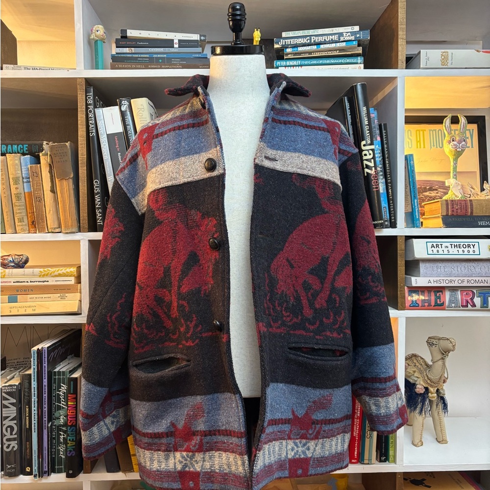 Neiman Marcus Red and Blue Patterned Wool Jacket